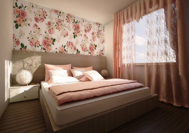 vorhang-design-schlafzimmer-lachsfarbe-feminin-rosen-tapete-kopfbrett-hell-holz