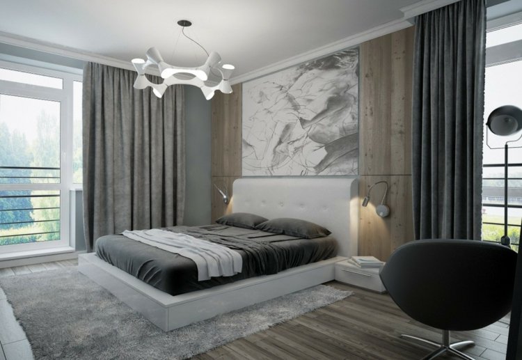 vorhang-design-schlafzimmer-monochrom-lampe-wandleuchten-holz-bretter-wandbild