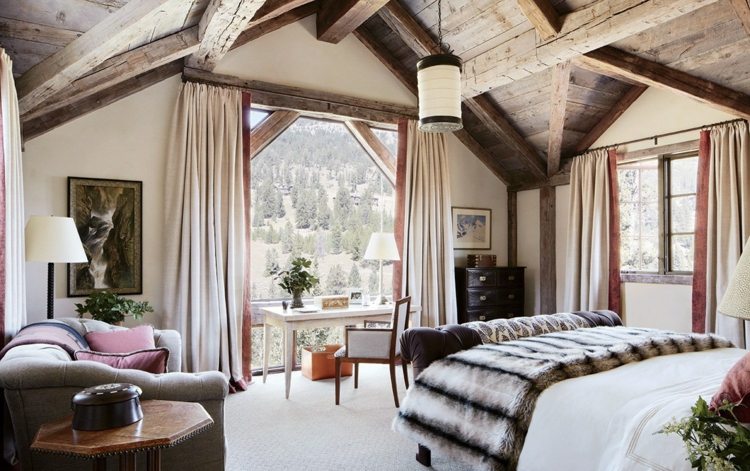 vorhang-design-schlafzimmer-rustikal-zeitgenoessisch-holz-decke-sofa