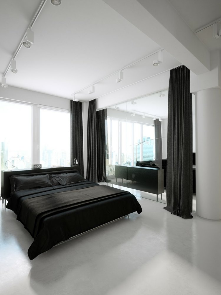 vorhang-design-schlafzimmer-schwarz-textil-bett-hochmodern-minimalistisch