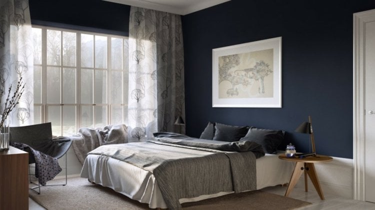 vorhang-design-schlafzimmer-transparent-baum-motive-blau-wandfarbe