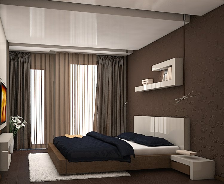 vorhang-design-schlafzimmer-wandfarbe-schokolade-hochglanz-moebel-weiss