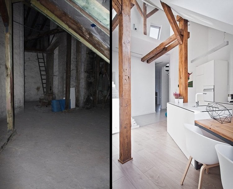 wohnung-renovieren-vorher-nachher-dachwohnung-holztraeger-holzbalken-skandinavisch