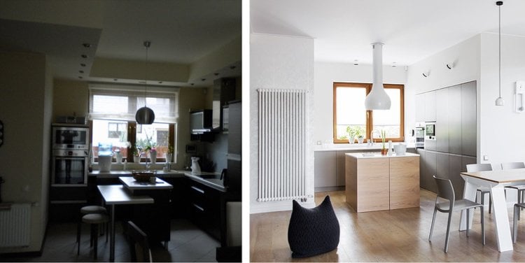 Wohnung renovieren -vorher-nachher-wohnkueche-minimalistisch-modern-grau-weiss