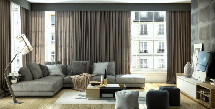 wohnzimmer-gardinen-grau-sofa-holzboden-betonoptik-wandverkleidung