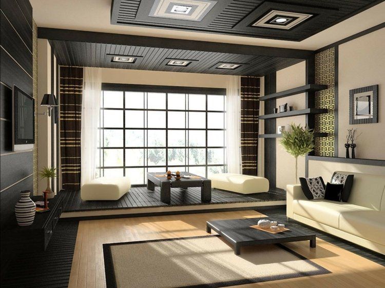 Wohnzimmer Gardinen weiß-vorhänge-schwarz-gold-gestreift
