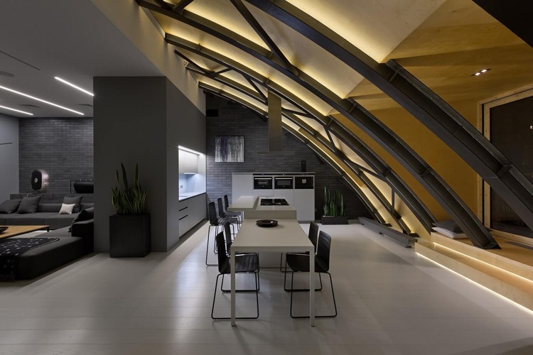 anthrazit-farbe-modern-dachgeschosswohnung-offene-raumplanung-indirekte-beleuchtung-stahl-konstruktion