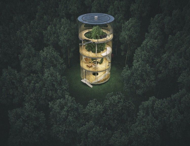 Baum im Haus moderner-glasturm-gruener-wald-umwelt
