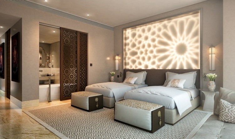 beleuchtung im schlafzimmer wand-design-motiv-blume-wandgestaltung