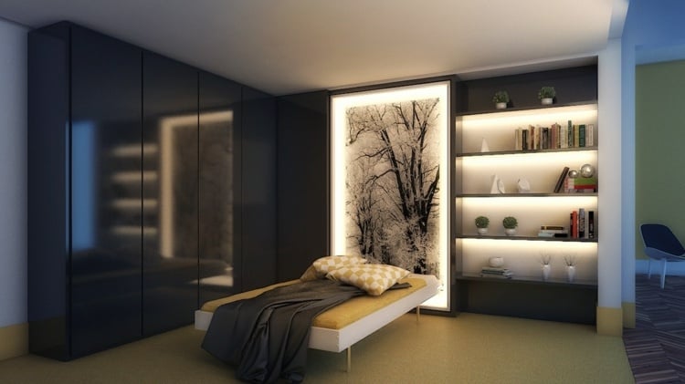 beleuchtung im schlafzimmer wandbild-idee-regal-indirekt-hochglanz-kleiderschrank