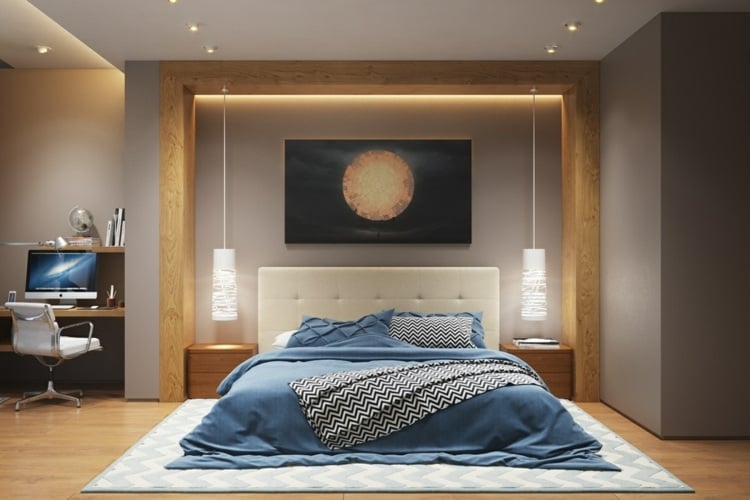 beleuchtung-schlafzimmer-gold-blau-akzente-pendel-schreibtisch-nische