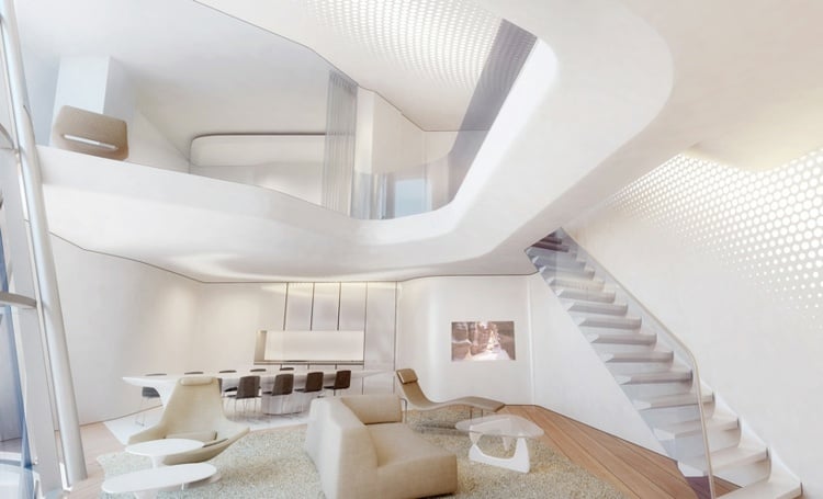 Zaha Hadid Bauwerke opus-office-tower-dubai-wohnung-weiss-interieur-treppe