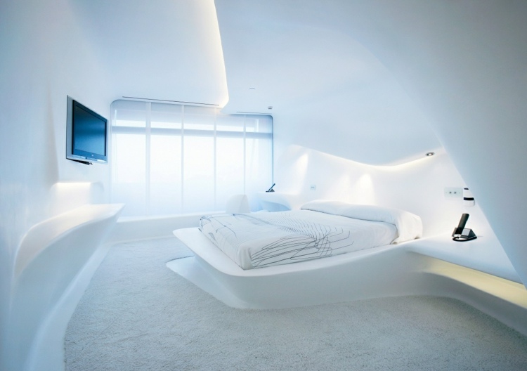 Zaha Hadid Bauwerke puerte-america-madrid-hotel-minimalistisch-einrichtung-weiss-schlafzimmer