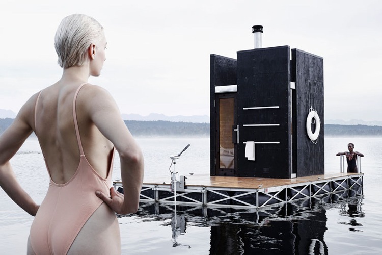 Designer Sauna -floß-motor-insel-see-schwimmend