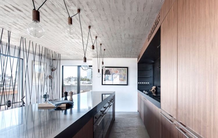 holz-küche-design-beton-modern-kombinieren-leuchten