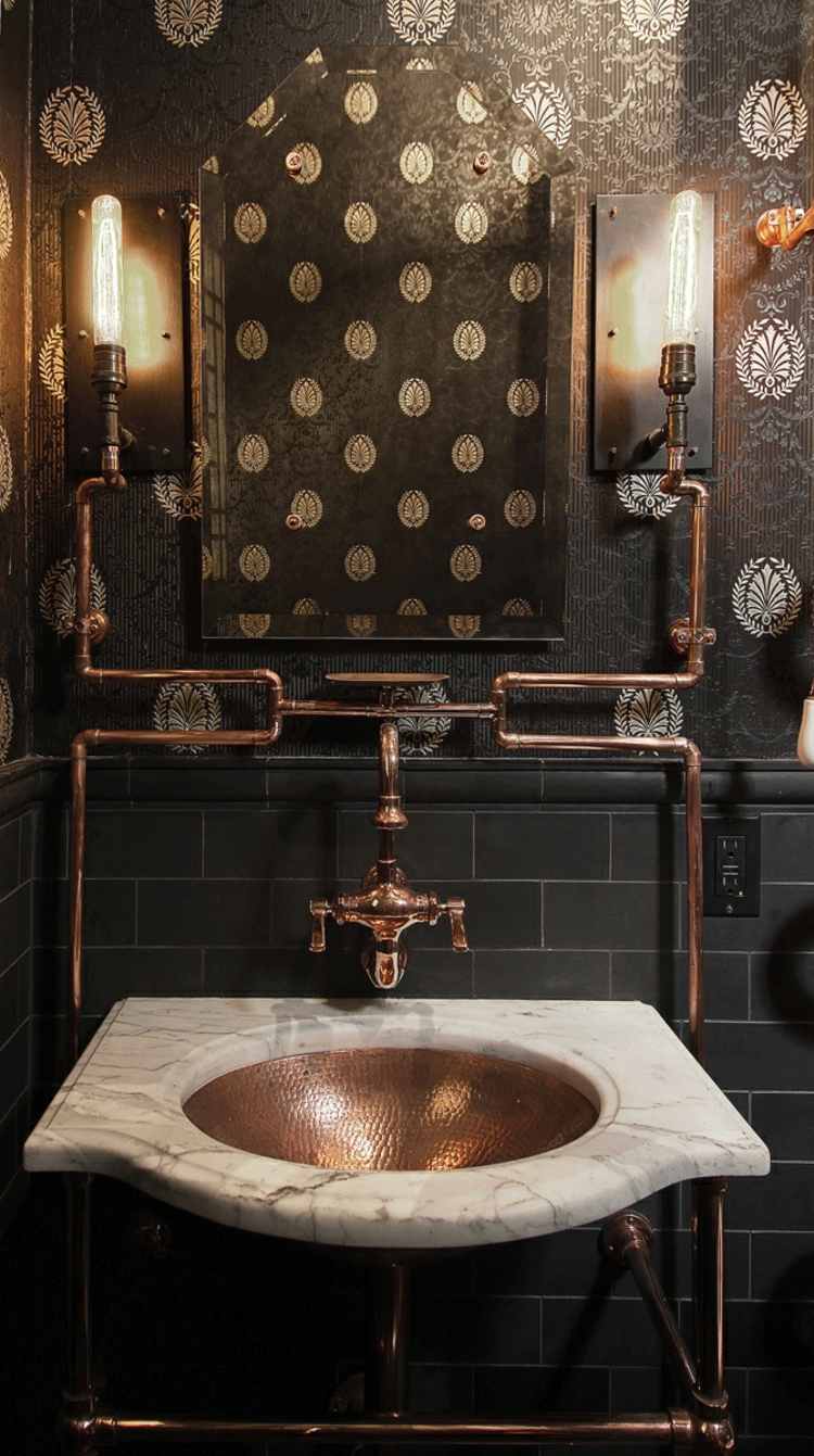 steampunk-inneneinrichtung-badezimmer-messing-rohre-waschbecken-marmor