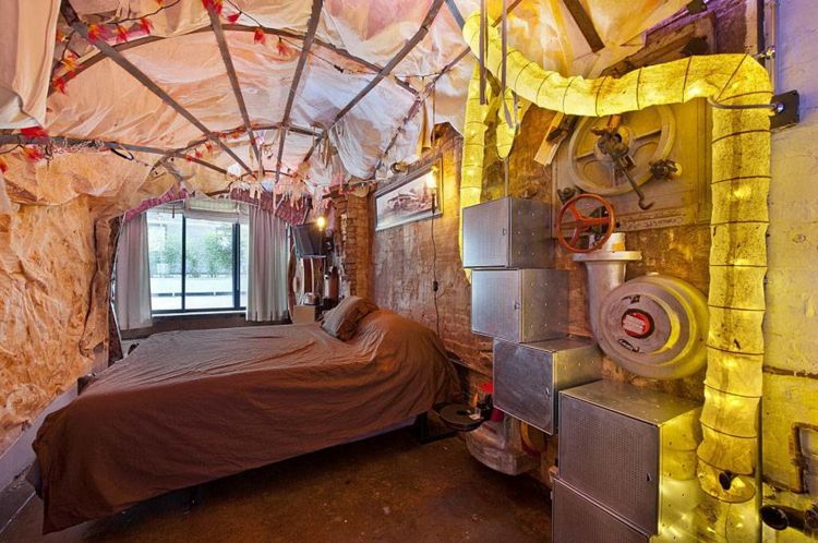 steampunk-inneneinrichtung-surreal-gestaltung-schlafzimmer-gelb-beleuchtung