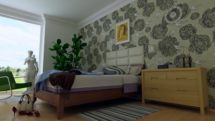 wandtapeten-blumen-muster-vintage-design-schlafzimmer-grautoene