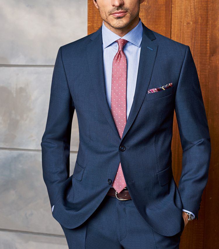 Anzug für Herren modern-fit-dunkelblau-business-hochzeitsgast-rote-krawatte-hellblaues-hemd