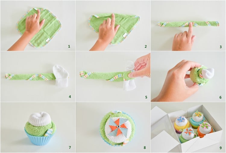 Babygeschenke zur Geburt waschlappe-babysocken-cupcakes-anleitung