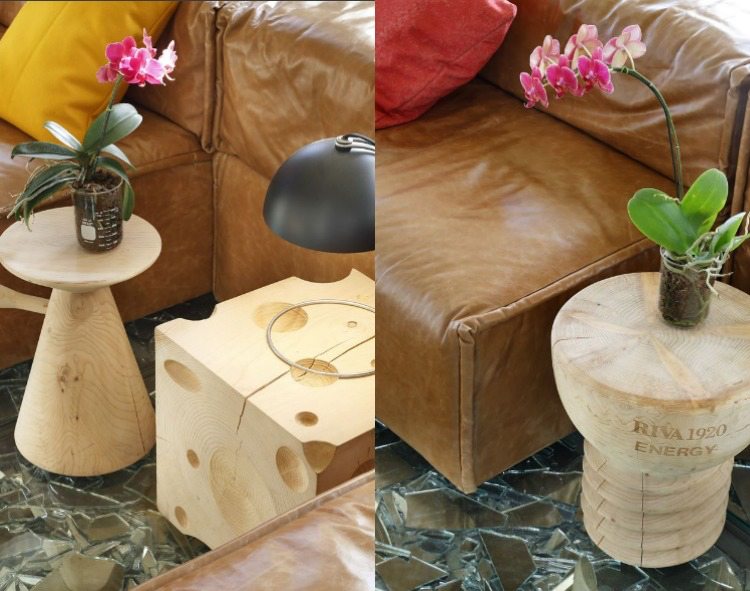 Design Fußboden -spiegelscherben-beistelltische-holz-würfel-weinkorken