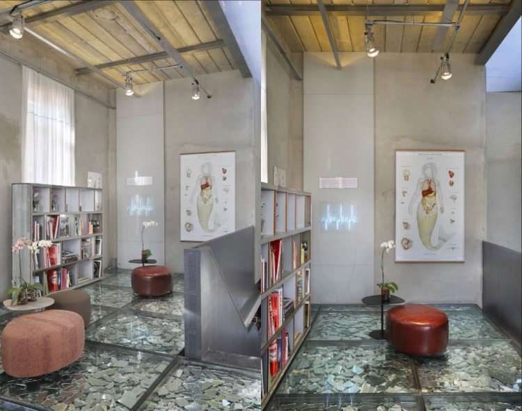 design-fussboden-spiegelscherben-bibliothekenschrank-orchideen-pflanzen