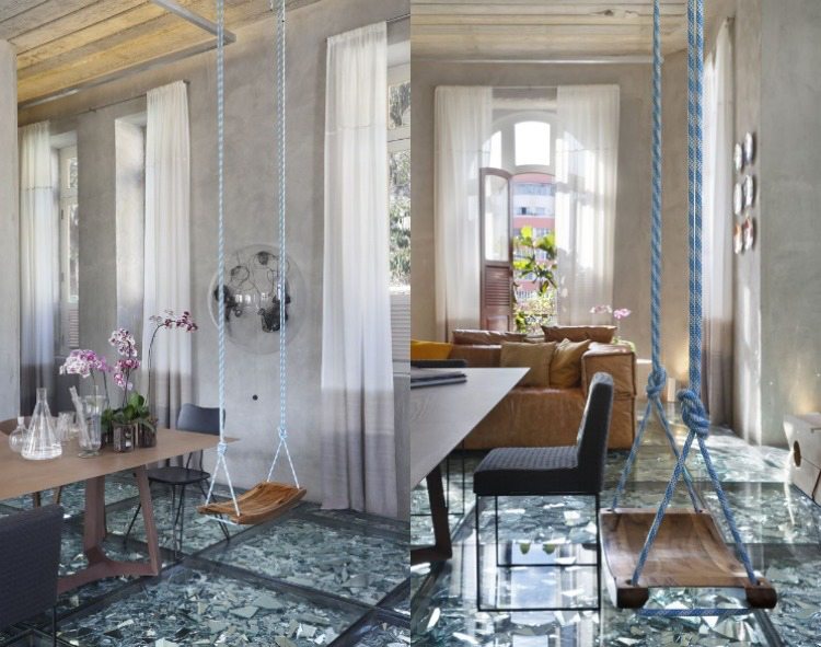design-fussboden-spiegelscherben-schaukel-wohnzimmer-essbereich-esstisch