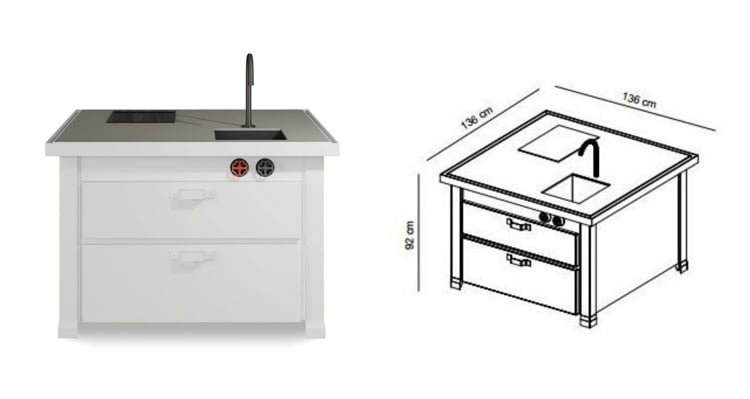 Design Miniküche Mina abmessungen-weisse-oberfläche-graue-arbeitsplatte