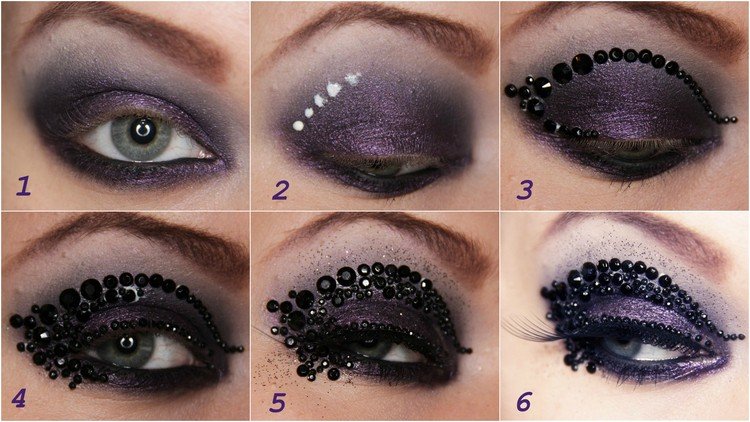 Make-up mit Strasssteinen aufkleben-lila-lidschatten-glitter-anleitung