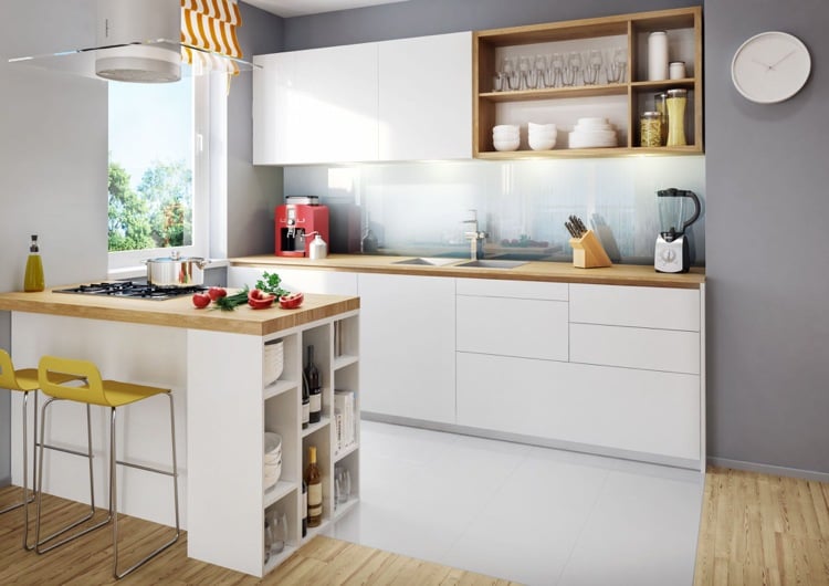 Optimale Kücheneinrichtung einbauküche-weiss-holz-arbeitsplatte-glas-spritzschutz-graue-wandfarbe-kochinsel
