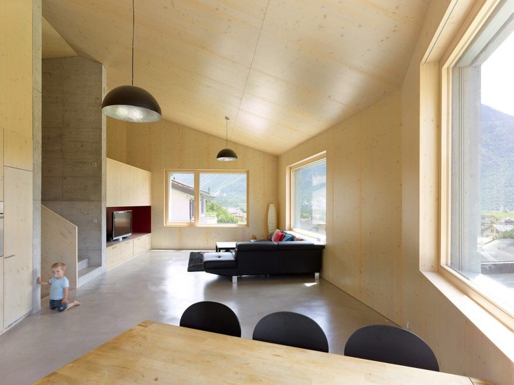 wandverkleidung-tannenholz-betonhaus-schraege-waende-minimalistisch-design