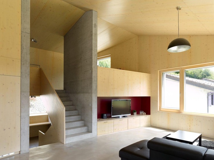 Wandverkleidung aus Tannenholz -betonhaus-wohnzimmer-minimalistisch-design-interior