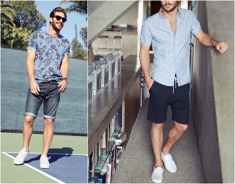 Weiße Sneaker kombinieren herren-shorts-jeans-dunkelblau-t-shirt-hemd-kurze-ärmel
