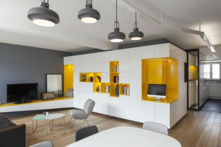 wohnwand in gelb und weiß wohnzimmer-einrichtung-modern