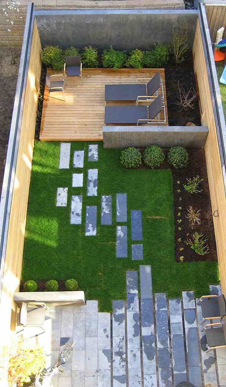 gartenplanung-ideen-vogelperspektive-hinterhof-gartenlounge-rasenfläche-pflastersteine-patio
