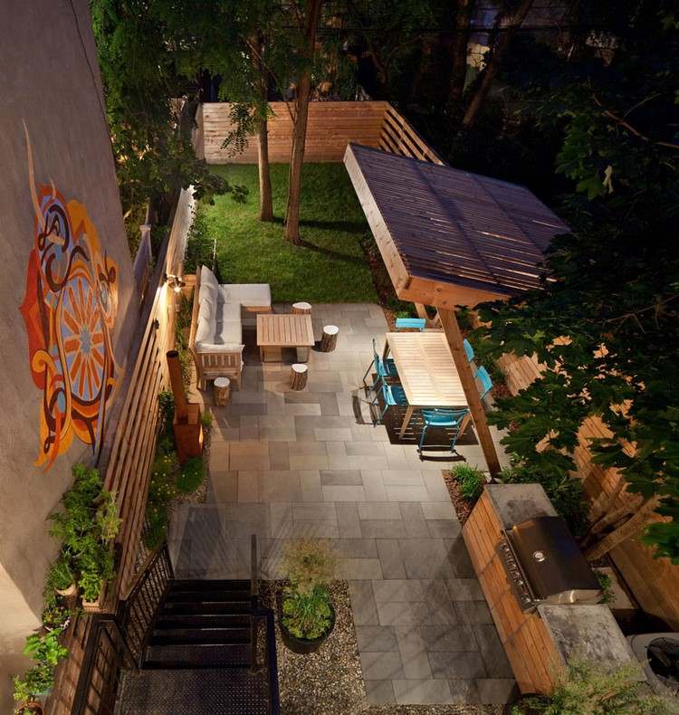 gartenplanung-ideen-vogelperspektive-outdoor-küche-gedeckter-gartensitzplatz-rasenfläche-bäume