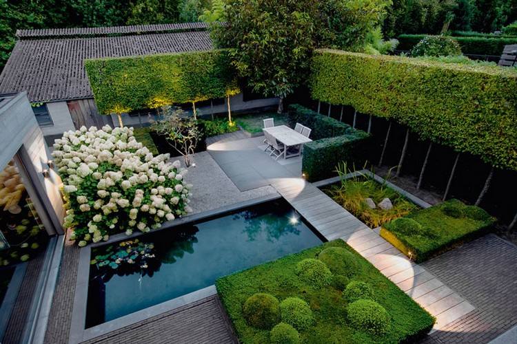Gartenplanung Ideen vogelperspektive-pool-geformte-hecken-essbereich-ziegelboden-gartenweg-pflastersteine