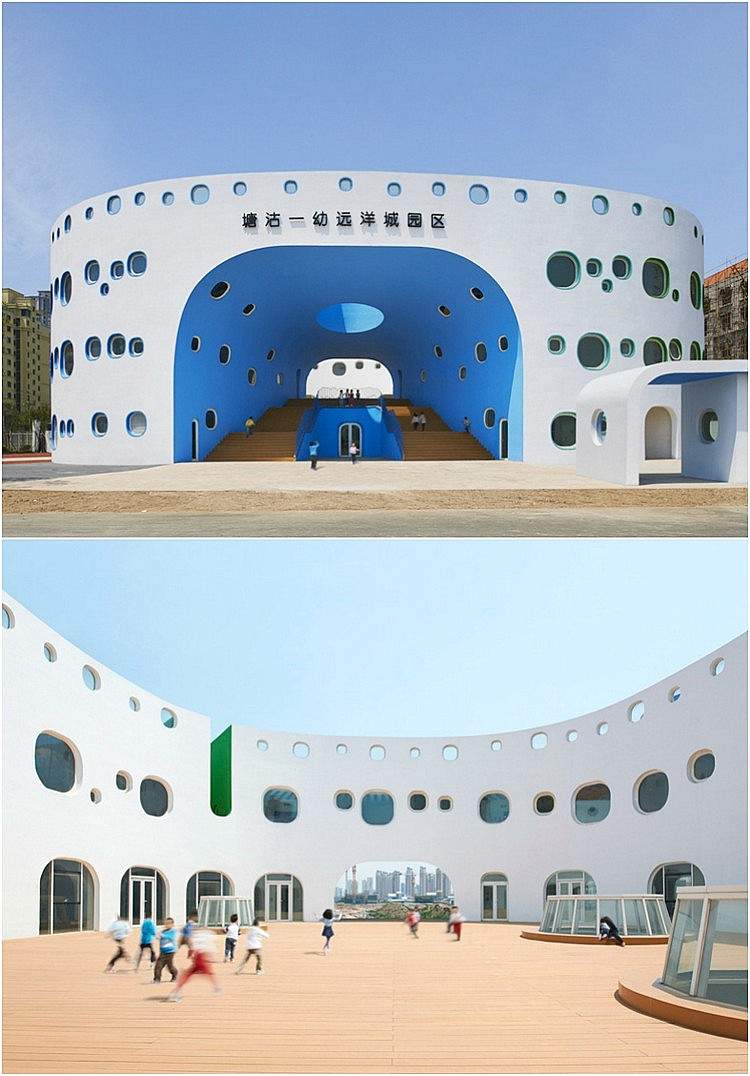 kindergarten-architektur-donut-design-farbenfroh-runde-fenster-großer-spielplatz