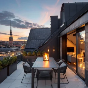 minimalistische dachterrasse mit stilvollen holzstühlen und offener schlafzimmertür