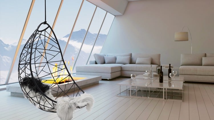 Moderne Designermöbel hängesessel-schaffell-wohnzimmer-aussicht-gebirge-schnee