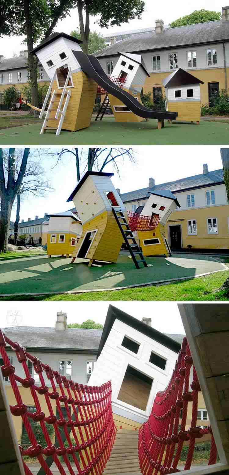 Outdoor Spielplatz kinder-gebogene-spielhäuser-rutsche-kletterwand-seilbrücke