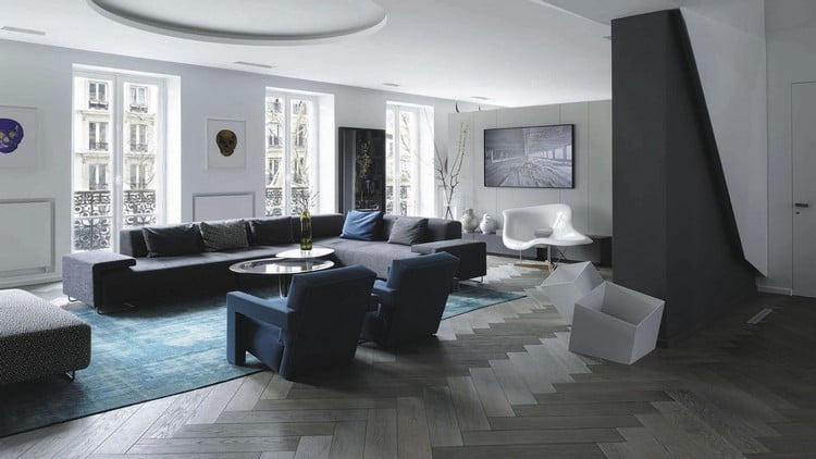 Graues Parkett modernes-wohnzimmer-kombination-dunkelblau-dunkelgrau-weiß