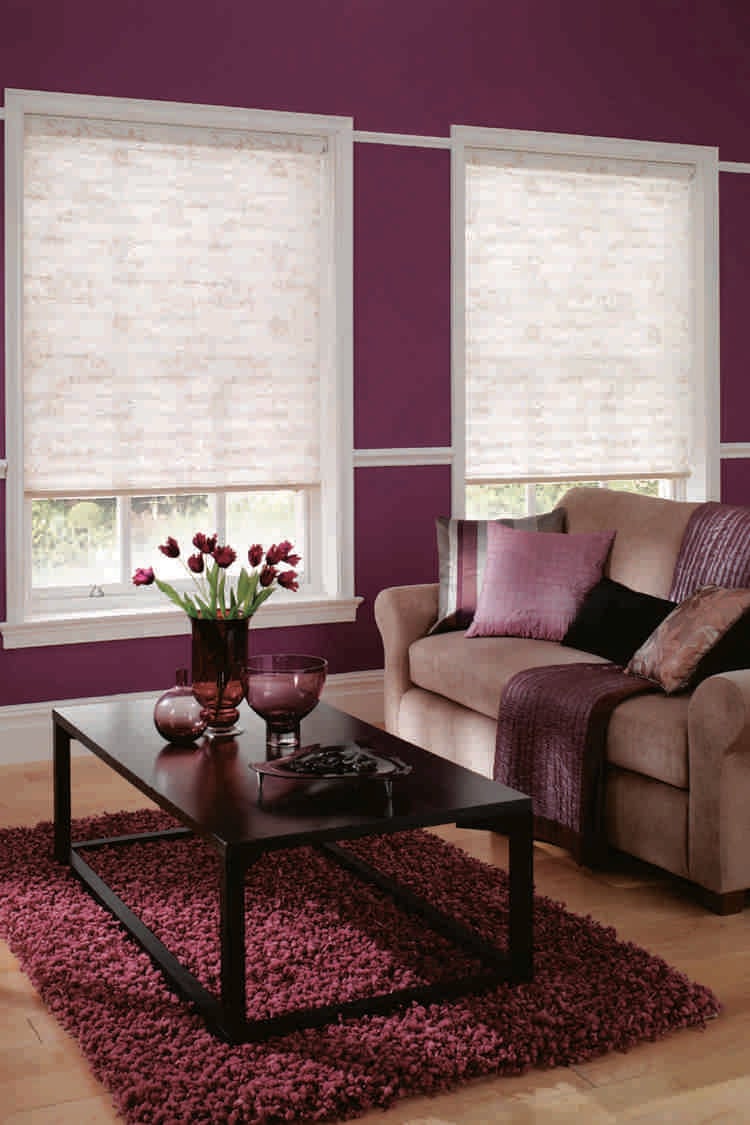 Sonnenschutz Plissee wohnzimmer-blumenmuster-aubergine-wandfarbe-braunes-sofa