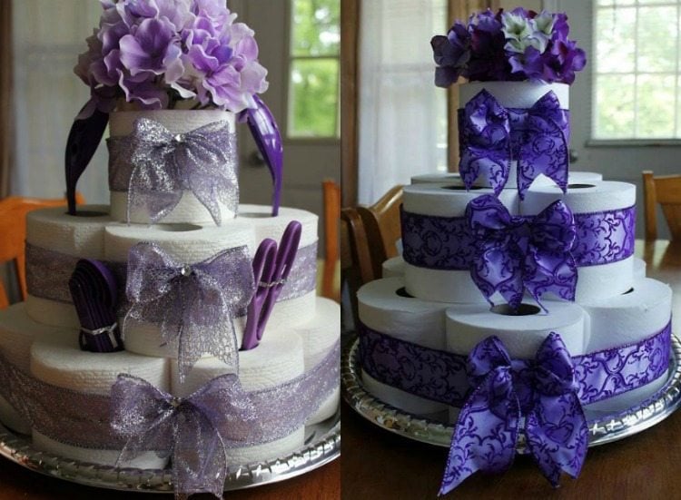 torte-toilettenpapier-selber-machen-violett-lila-schleife-blumen