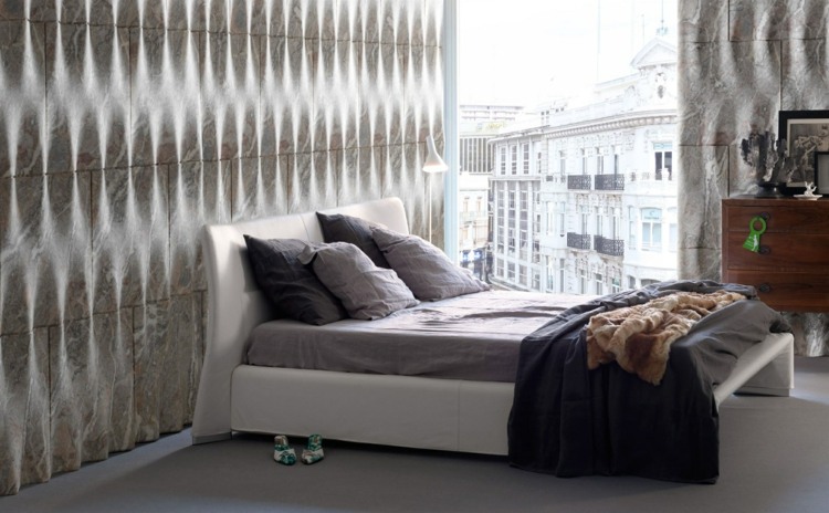 3D-wandgestaltung-stein-innen-schlafzimmer-natursteinplatte-grau-bett