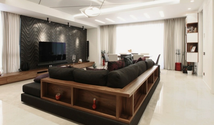 3D-wandgestaltung-stein-wohnzimmer-dunkel-textur-sofa-holz-tisch-tv