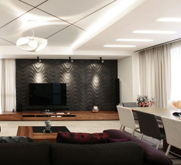 3D-wandgestaltung-stein-wohnzimmer-dunkelgrau-formen-ledleiste-deckenbeleuchtung