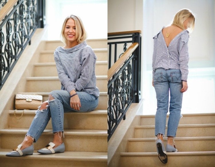 aktueller-modetrend-damen-hemd-blau-streifen-jeans-zerrissen