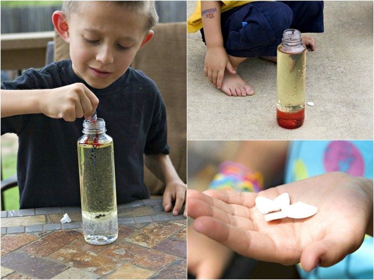 Experimente für Kinder lebensmittelfarbe-lösen-öl-wasser-brausetablette