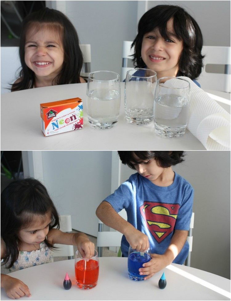 experimente-kinder-wasserexperiment-gläser-lebensmittelfarbstoffe-küchentücher
